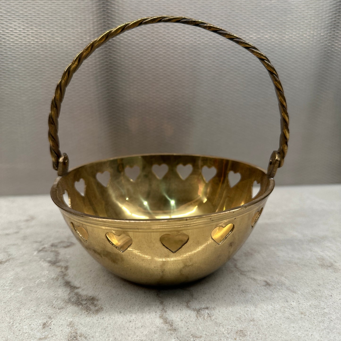 Vintage Brass Basket with Hinged Handle and Heart Cutouts