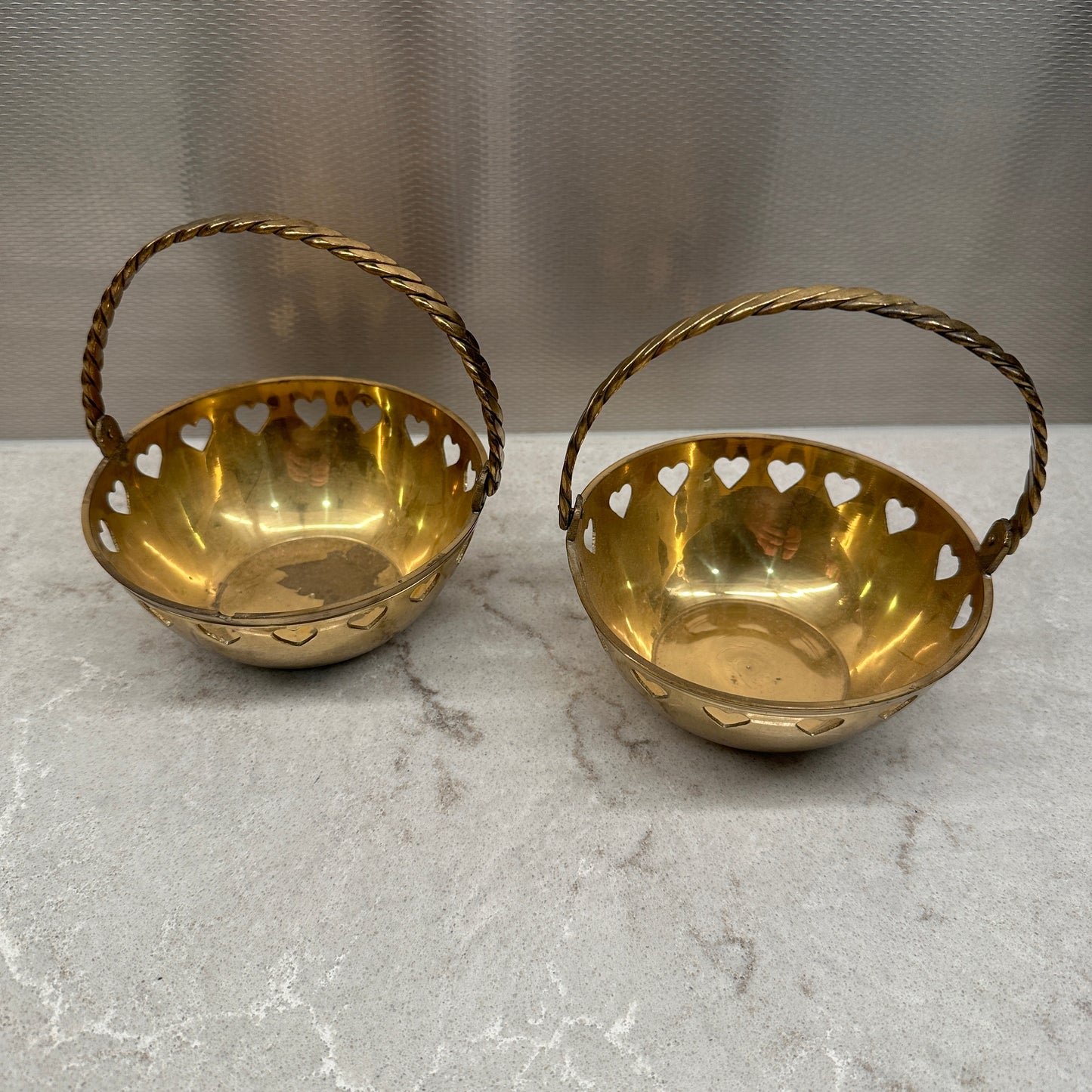 Vintage Brass Basket with Hinged Handle and Heart Cutouts