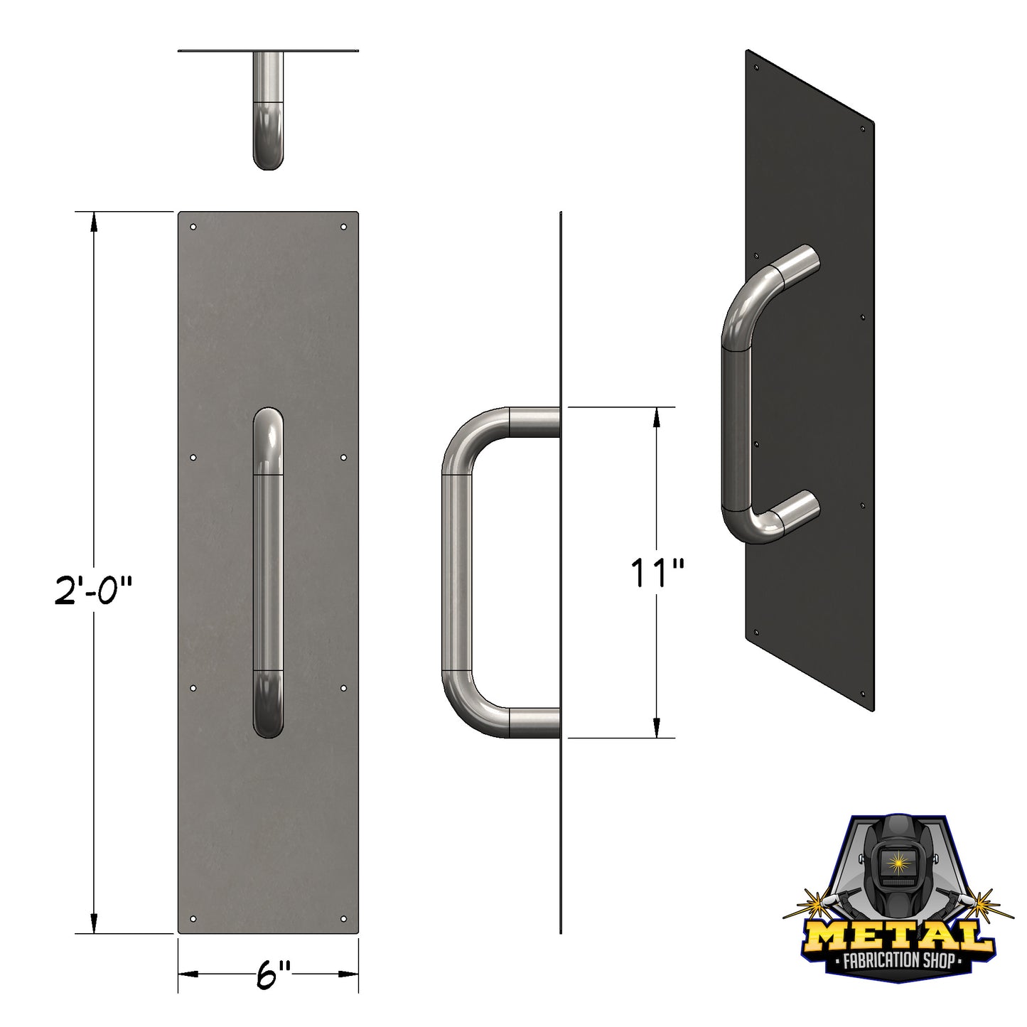 24" x 6" Stainless Steel Door Push Pull Plate with 1" Handle - Commercial Grade