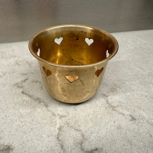 VINTAGE BRASS CURLED RIM CANDLE/VOTIVE HOLDER WITH CUT ON HEARTS